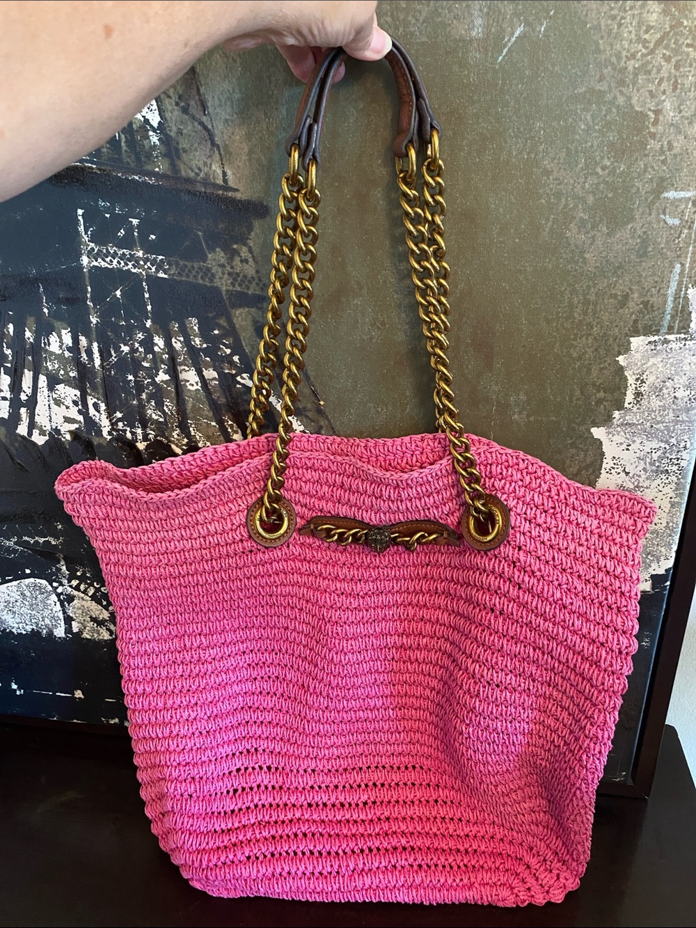 Authentic Kurt Geiger Pink Raffia Woven Tote Bag